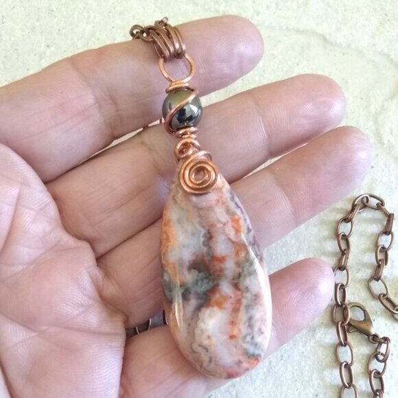Rustic Crazy Lace Agate Pendant Necklace! Cream Gray Peachy Tangerine + Copper - Picture 9 of 15